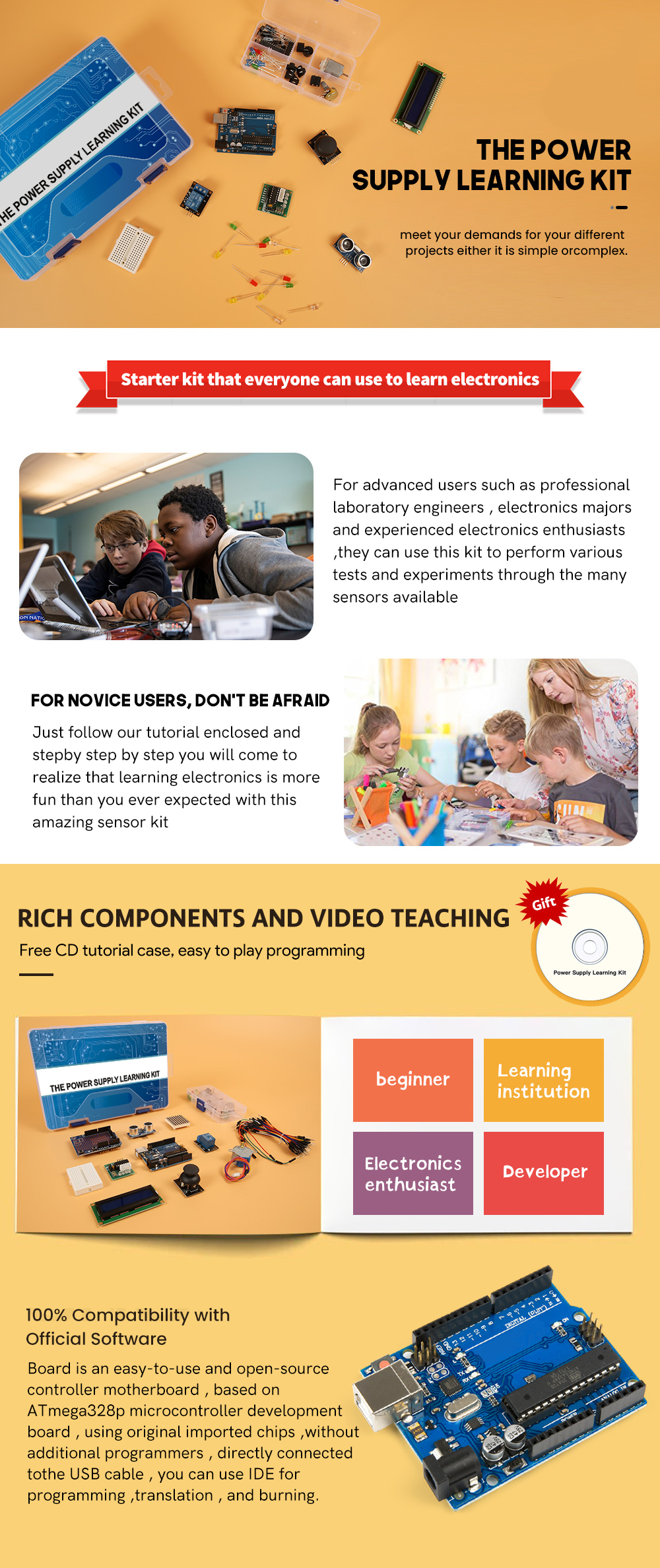 Стартовый набор Arduino UNO R3 DIP KUONGSHUN без логотипа и батарейки крона 9В с блоком питания под европейскую розетку