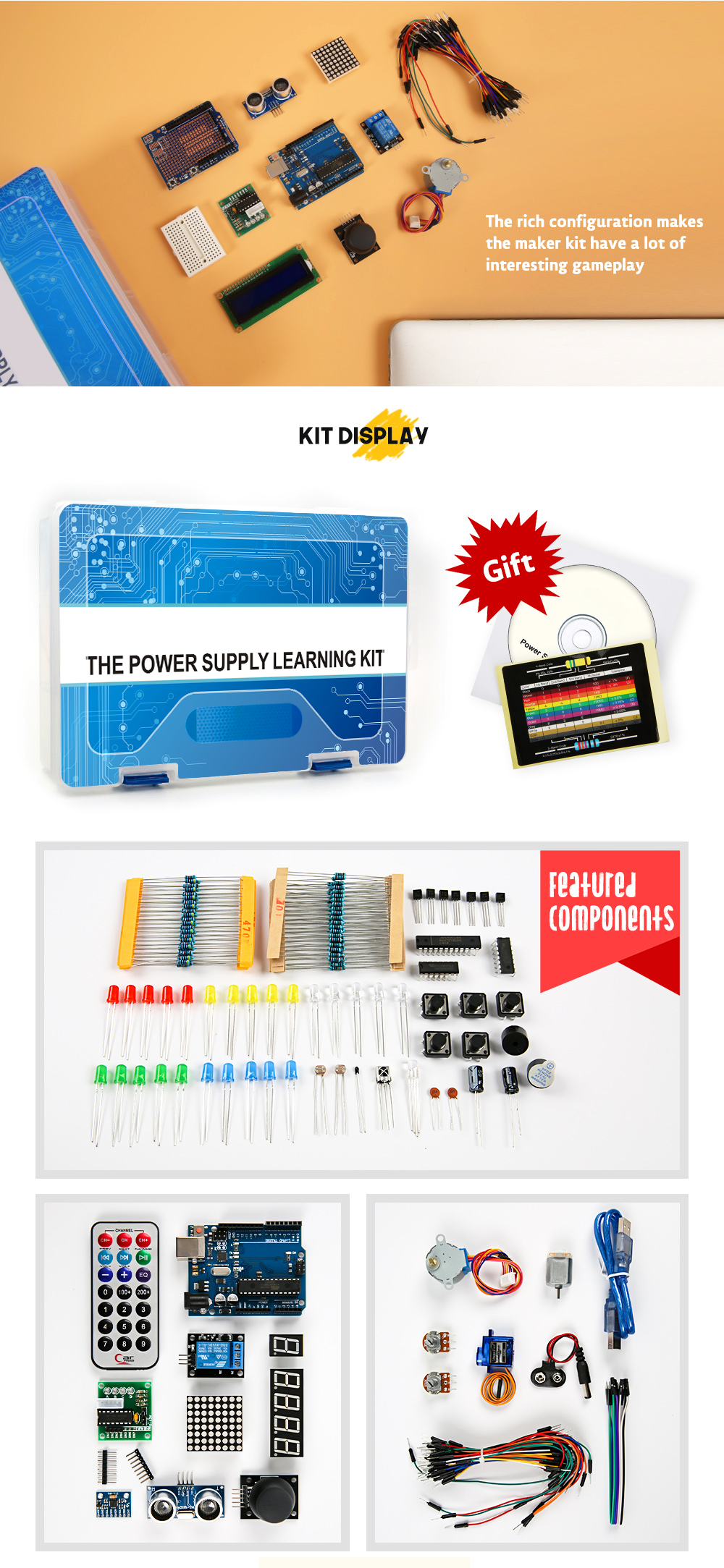 Стартовый набор Arduino UNO R3 DIP KUONGSHUN без логотипа и батарейки крона 9В с блоком питания под европейскую розетку