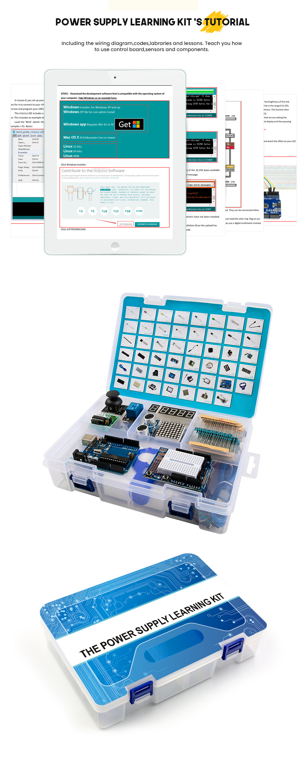 Стартовый набор Arduino UNO R3 DIP KUONGSHUN без логотипа и батарейки крона 9В с блоком питания под европейскую розетку
