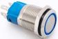 Металлический кнопочный переключатель с плоской головкой 16мм (круглая индикация, синяя подсветка, 12-24В, самоблокирующийся, водонепроницаемый)