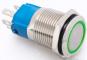 Металлический кнопочный переключатель с плоской головкой 16мм (круглая индикация, зеленая подсветка, 12-24В, мгновенный, самовозврат, водонепроницаемый)